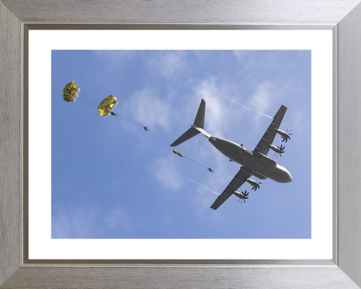 British Army Parachute Regiment Soldiers Jump From An RAF A400M Atlas Photo Print Wall Art Posters, Prints, & Visual Artwork Hampshire Prints 10 x 8 Silver Frame Yes