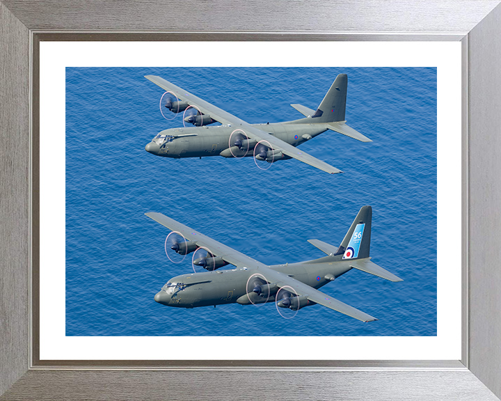 Two RAF Hercules C-130J in flight Photo Print - Royal Air Force Aircraft Hampshire Prints 10 x 8 Silver Frame Yes