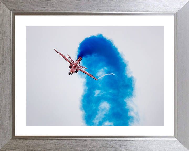 RAF Red Arrows Jet Inverted with Blue Smoke Photo Print - Royal Air Force Aircraft Posters, Prints, & Visual Artwork Hampshire Prints 10 x 8 Silver Frame Yes
