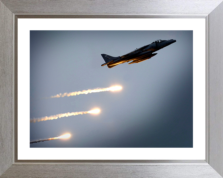 Harrier GR7 Firing Decoy Flares Photo Print - Royal Navy Aircraft Posters, Prints, & Visual Artwork Hampshire Prints 10 x 8 Silver Frame Yes