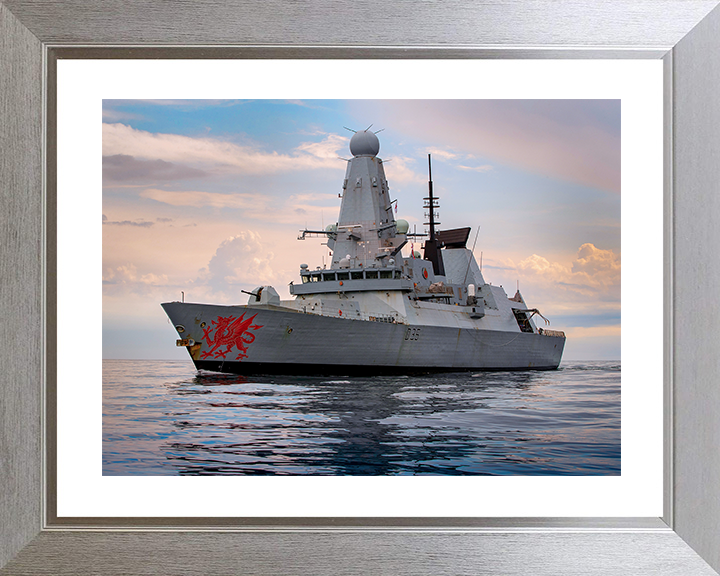HMS Dragon (D35) Royal Navy Type 45 Destroyer Port Side View At Sunset Photo Print Wall Art Decor Posters, Prints, & Visual Artwork Hampshire Prints 10 x 8 Silver Frame Yes