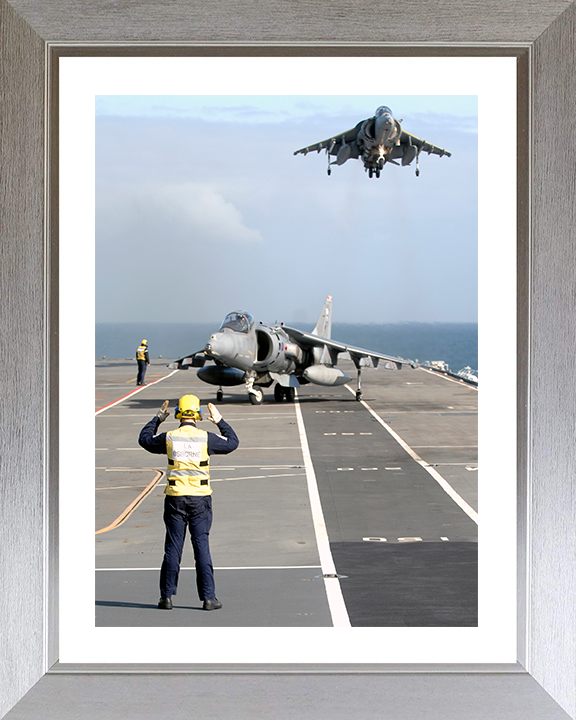 Two Harrier Jets Landing on the Flight deck of HMS Illustrious Photo Print - Royal Navy Aircraft Posters, Prints, & Visual Artwork Hampshire Prints 10 x 8 Silver Frame Yes