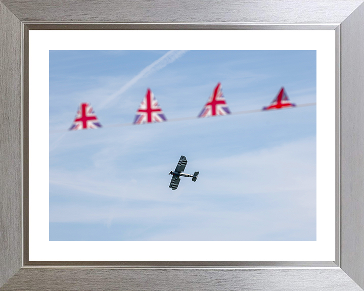 Swordfish Plane flies behind Union Jack Bunting Photo Print - Royal Navy Aircraft Posters, Prints, & Visual Artwork Hampshire Prints 10 x 8 Silver Frame Yes