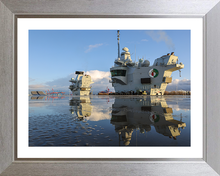 HMS Queen Elizabeth (R08) Photo Print - Flight Deck Reflections - Royal Navy Queen Elizabeth Class Aircraft Carrier Hampshire Prints 10 x 8 Silver Frame Yes