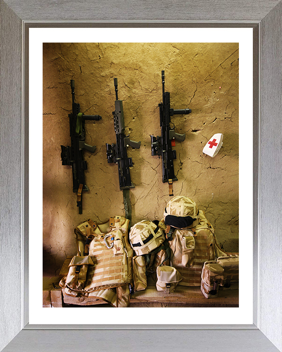 Royal Marines SA80s and kit on a wall in Afghanistan Photo Print Hampshire Prints 10 x 8 Silver Frame Yes