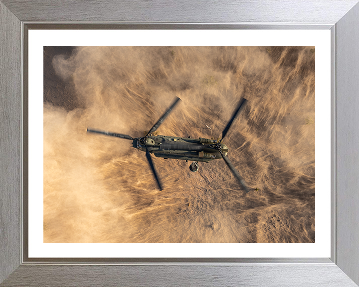 RAF Chinook helicopter Over the Desert Photo Print - Royal Air Force Aircraft Hampshire Prints 10 x 8 Silver Frame Yes