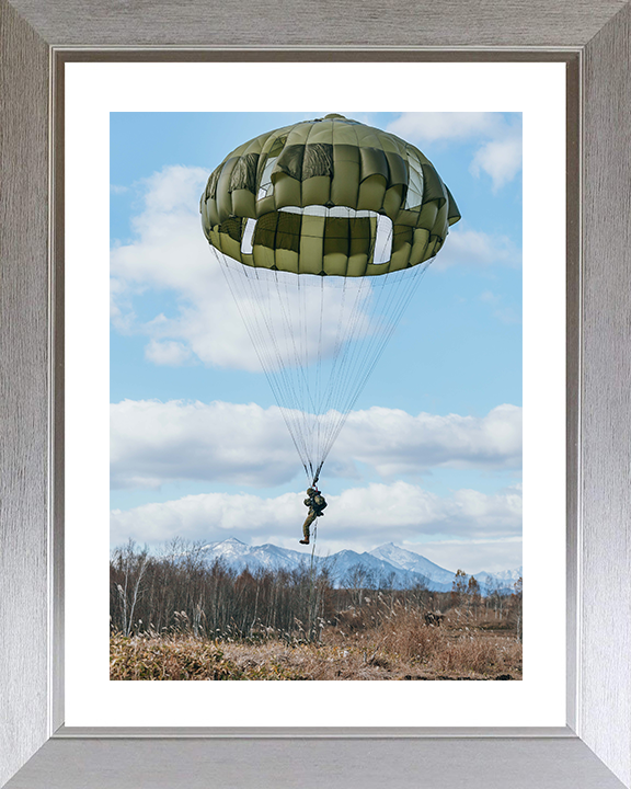 British Army Parachute Regiment Soldier Parachuting Japan 2025 Photo Print Wall Art Military Decor Posters, Prints, & Visual Artwork Hampshire Prints 10 x 8 Silver Frame Yes