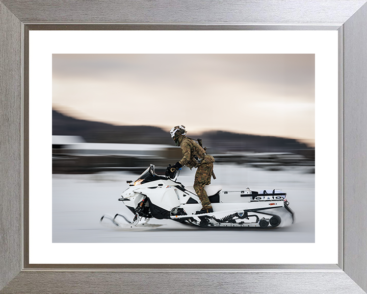 Royal Marine Commando Rides a Snowmobile Norway 2026 Photo Print 45 Commando Wall Art Military Decor Posters, Prints, & Visual Artwork Hampshire Prints 10 x 8 Silver Frame Yes