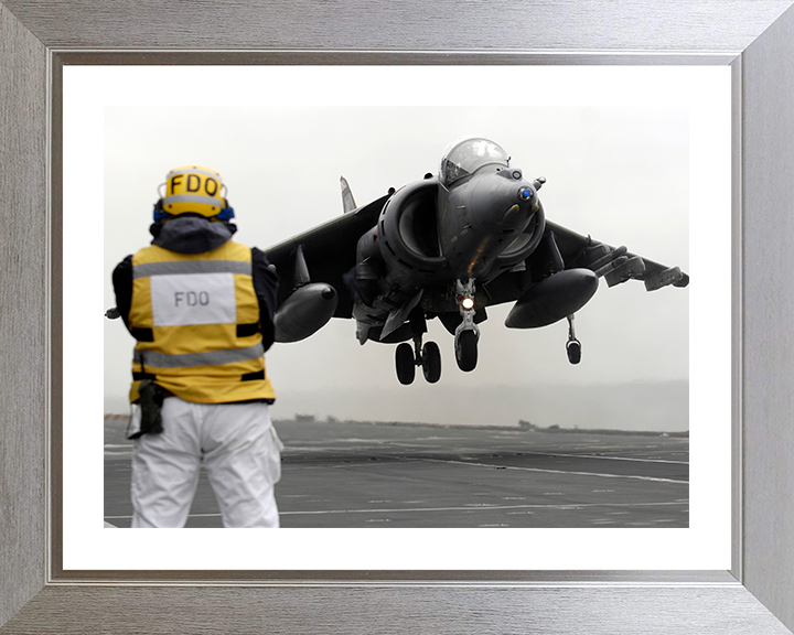 Harrier GR9 With Flight Deck Officer (FDO) Photo Print - Royal Navy Aircraft Posters, Prints, & Visual Artwork Hampshire Prints 10 x 8 Silver Frame Yes