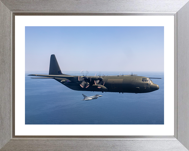 RAF C130J Hercules With Typhoon Jet 2023 Photo Print - Royal Air Force Aircraft Posters, Prints, & Visual Artwork Hampshire Prints 10 x 8 Silver Frame Yes