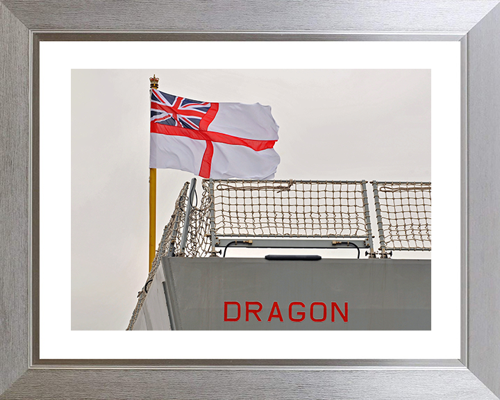 HMS Dragon (D35) Royal Navy Type 45 Destroyer White Ensign Photo Print Wall Art Decor Posters, Prints, & Visual Artwork Hampshire Prints 10 x 8 Silver Frame Yes