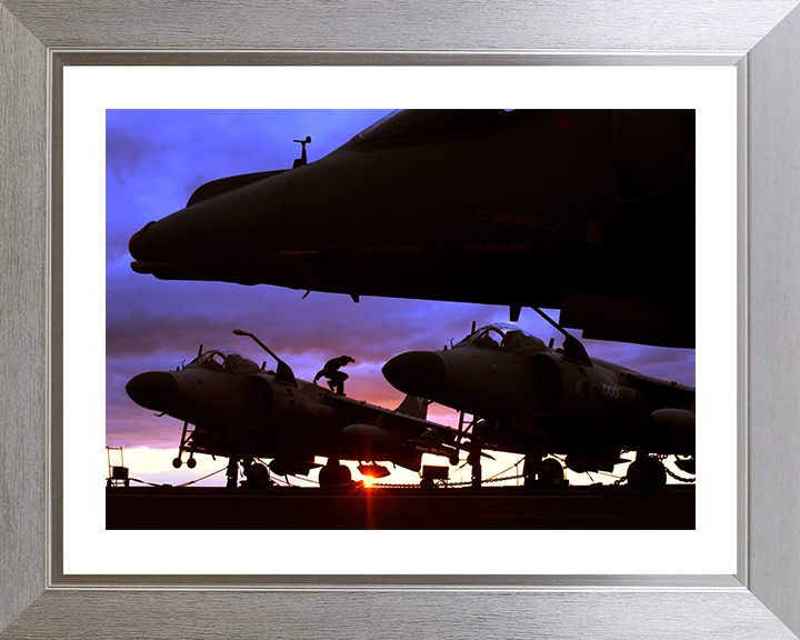 Harrier FA2s and GR7s on a Flightdeck at Sunset Photo Print - Royal Navy Aircraft Posters, Prints, & Visual Artwork Hampshire Prints 10 x 8 Silver Frame Yes