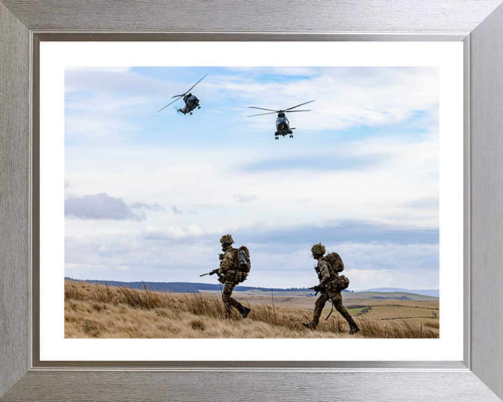 RAF Puma HC Mk2 Helicopters fly over soldiers Photo Print - Royal Air Force Aircraft Hampshire Prints 10 x 8 Silver Frame Yes
