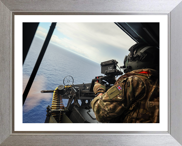 Royal Marines firing M3M from a Wildcat Helicopter Photo Print Hampshire Prints 10 x 8 Silver Frame Yes
