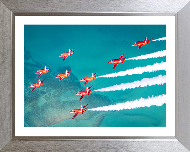 RAF Red Arrows fly over the sea in Formation Photo Print - Royal Air Force Aircraft Hampshire Prints 10 x 8 Silver Frame Yes
