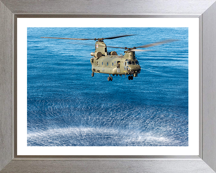 RAF Chinook Helicopter Hovering over sea Photo Print - Royal Air Force Aircraft Hampshire Prints 10 x 8 Silver Frame Yes