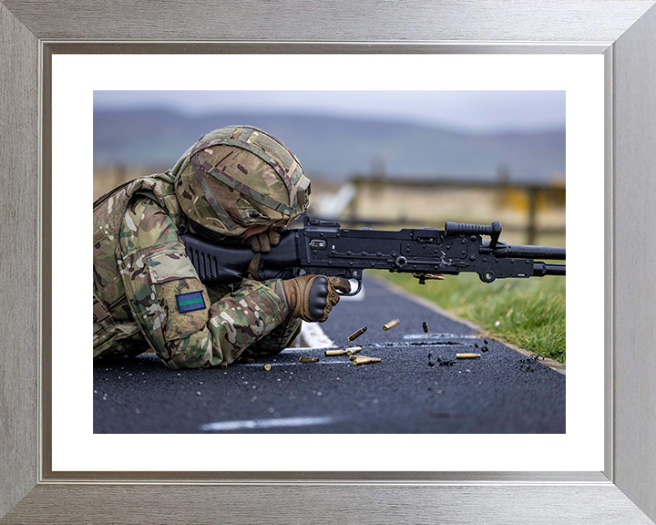 British Army Reserve Trooper firing a GPMG Photo Print Wall Art Military Decor Poster Posters, Prints, & Visual Artwork Hampshire Prints 10 x 8 Silver Frame Yes
