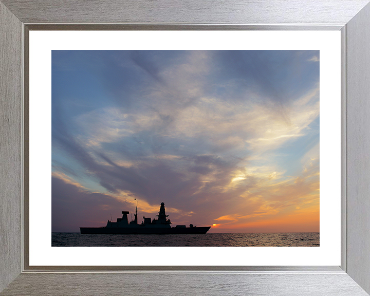 HMS Dragon (D35) Photo Print - Sunset Silhouette 2013 - Royal Navy Type 45 Destroyer Hampshire Prints 10 x 8 Silver Frame Yes
