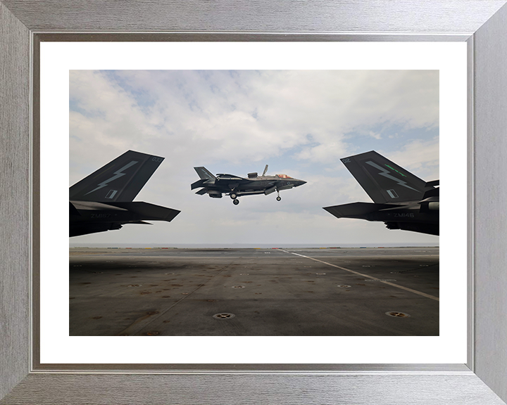 F-35B Lighting Jet Landing above a Flight Deck 2025 Photo Print - Royal Navy Aircraft Posters, Prints, & Visual Artwork Hampshire Prints 10 x 8 Silver Frame Yes