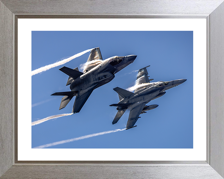 RAF F-35B Lightening with US Navy F/A-18E Photo Print - Royal Air Force Aircraft Hampshire Prints 10 x 8 Silver Frame Yes