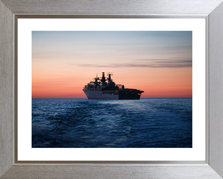 HMS Albion (L14) Royal Navy Albion Class Amphibious Ship Underway at Sunset Photo Print Wall Art Naval Decor Posters, Prints, & Visual Artwork Hampshire Prints 10 x 8 Silver Frame Yes