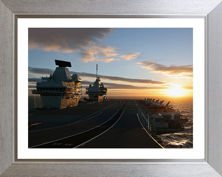HMS Queen Elizabeth (R08) Photo Print - Flight Deck at Sunset - Royal Navy Queen Elizabeth Class Aircraft Carrier Hampshire Prints 10 x 8 Silver Frame Yes