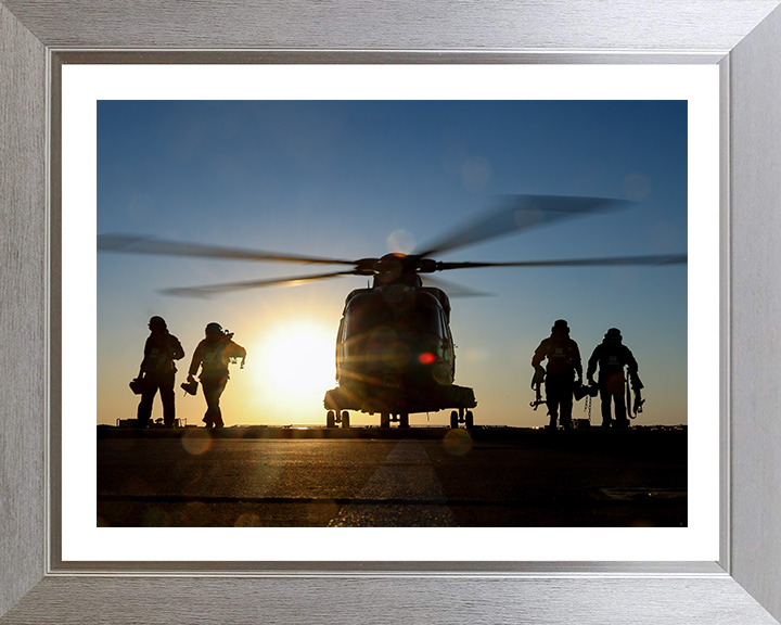 Merlin Helicopter on a Flight Deck at Sunset Photo Print - Royal Navy Aircraft Hampshire Prints 10 x 8 Silver Frame Yes