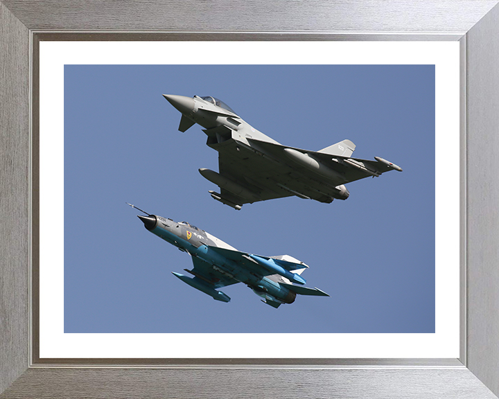RAF Typhoon and a Romanian MiG 21 Lancer Photo Print - Royal Air Force Aircraft Hampshire Prints 10 x 8 Silver Frame Yes