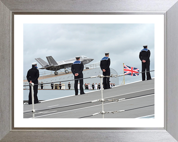 HMS Queen Elizabeth (R08) Photo Print - Sailors on Ski Jump - Royal Navy Queen Elizabeth Class Aircraft Carrier Hampshire Prints 10 x 8 Silver Frame Yes