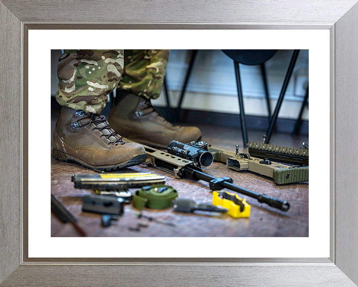 British Army Soldier Stripping am SA80-A3 Rifle Photo Print Wall Art Military Decor Poster Posters, Prints, & Visual Artwork Hampshire Prints 10 x 8 Silver Frame Yes