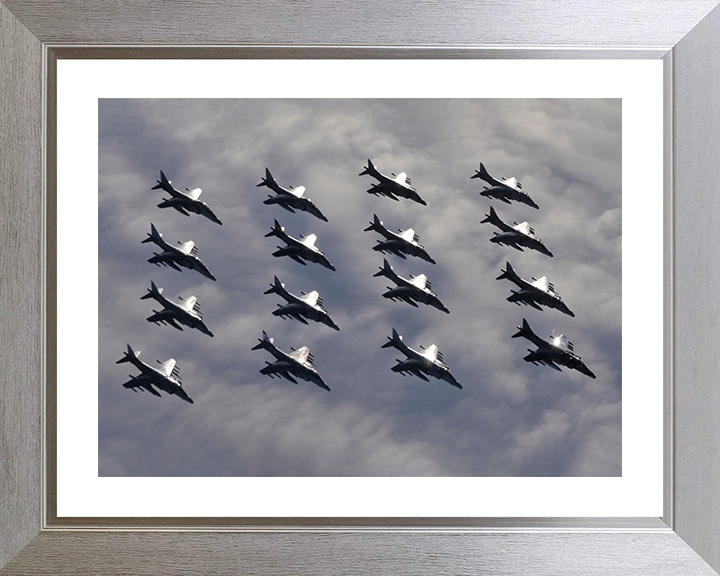 Sixteen RAF Harrier GR7 Jets in formation Photo Print - Royal Air Force Aircraft Posters, Prints, & Visual Artwork Hampshire Prints 10 x 8 Silver Frame Yes