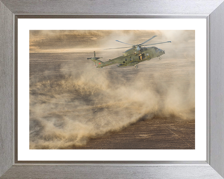 RAF Merlin Helicopter takes off creating a dust cloud Photo Print - Royal Air Force Aircraft Hampshire Prints 10 x 8 Silver Frame Yes