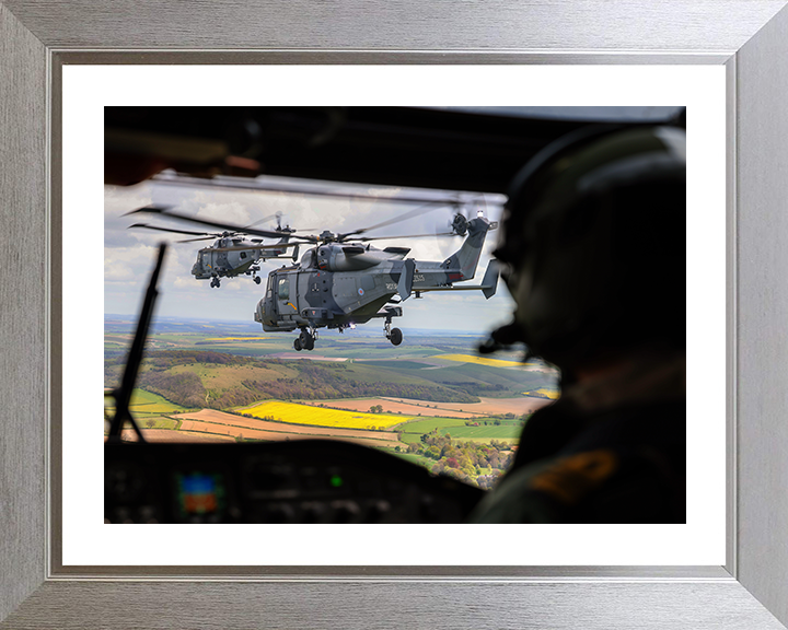 Wildcat Helicopters from a Cockpit Photo Print - Royal Navy Aircraft Hampshire Prints 10 x 8 Silver Frame Yes