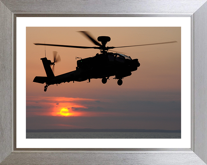 Army Apache Helicopter Silhouette at sunset Photo Print - British Army Hampshire Prints 10 x 8 Silver Frame Yes