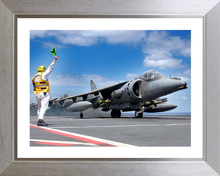 RAF Harrier GR7A on an Aircraft Carriers Flightdeck Photo Print - Royal Air Force Aircraft Posters, Prints, & Visual Artwork Hampshire Prints 10 x 8 Silver Frame Yes