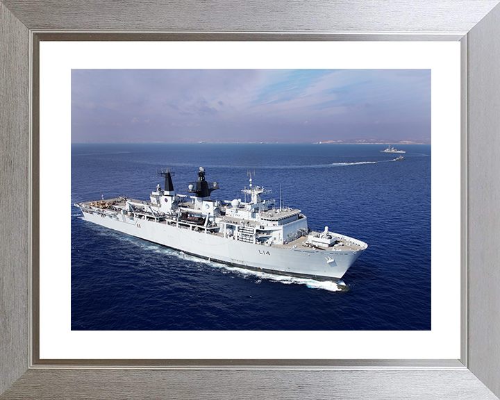HMS Albion (L14) Royal Navy Albion Class Amphibious Ship High Starboard Bow View Photo Print Wall Art Naval Decor Posters, Prints, & Visual Artwork Hampshire Prints 10 x 8 Silver Frame Yes