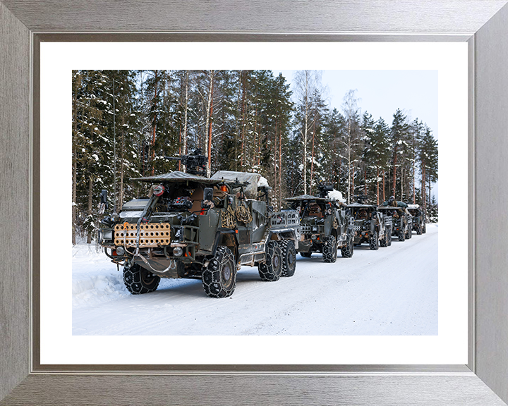 British Army Jackal 2 and Coyote Vehicles in the Snow Photo Print Wall Art Military vehicle Decor Poster Posters, Prints, & Visual Artwork Hampshire Prints 10 x 8 Silver Frame Yes
