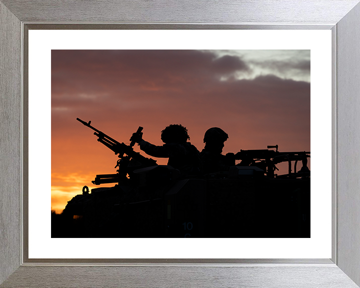 RAF Regiment with a Foxhound Vehicle at Sunset Photo Print Royal Air Force Wall Art Military Decor Posters, Prints, & Visual Artwork Hampshire Prints 10 x 8 Silver Frame Yes