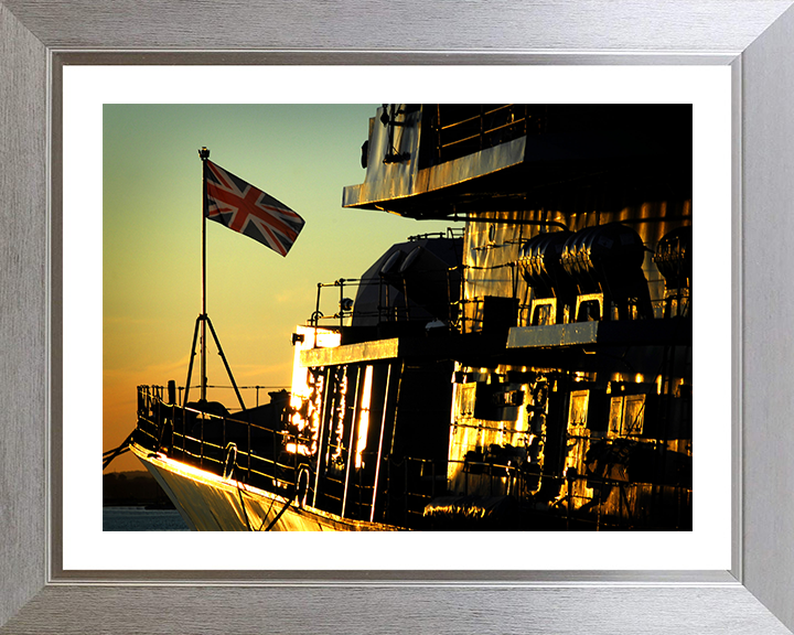 HMS Iron Duke (F234) Photo Print - At Sunset Port Side - Royal Navy Type 23 Frigate Hampshire Prints 10 x 8 Silver Frame Yes