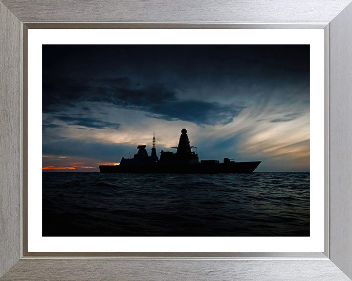HMS Defender (D36) Photo Print - Silhouette at Sunset - Royal Navy Type 45 Destroyer Hampshire Prints 10 x 8 Silver Frame Yes