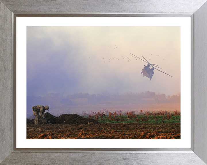 Royal Marine with Chinook Helicopter in Afghanistan Photo Print - 42 Commando Hampshire Prints 10 x 8 Silver Frame Yes