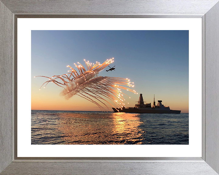 HMS Diamond (D34) Royal Navy Type 45 Destroyer With Flares 2018 Photo Print Wall Art Decor Posters, Prints, & Visual Artwork Hampshire Prints 10 x 8 Silver Frame Yes