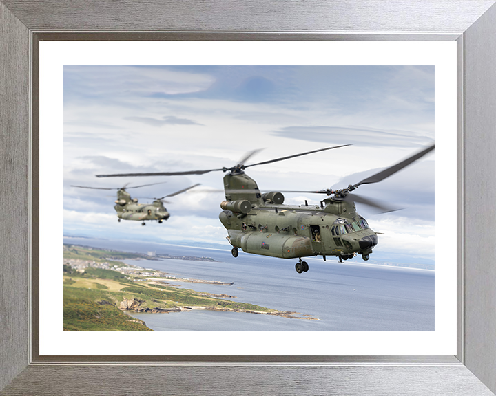 Two RAF Chinook Helicopters in Flight Photo Print - Royal Air Force Aircraft Hampshire Prints 10 x 8 Silver Frame Yes