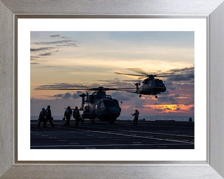 Merlin MK4 Helicopters From a Flight Deck at sunset Photo Print - Royal Navy Aircraft Hampshire Prints 10 x 8 Silver Frame Yes