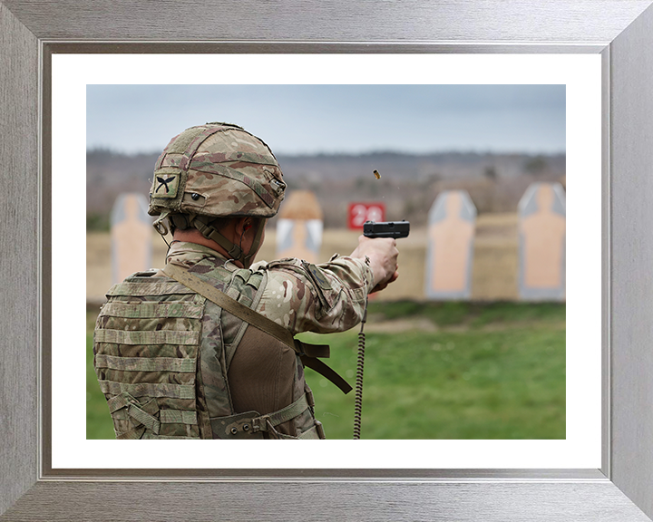Royal Gurkha Rifleman firing a pistol Photo Print - British Army Hampshire Prints 10 x 8 Silver Frame Yes