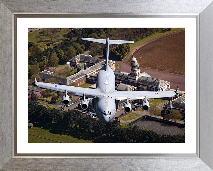 RAF C-17 Globemaster above RAF College Cranwell Photo Print - Royal Air Force Aircraft Hampshire Prints 10 x 8 Silver Frame Yes