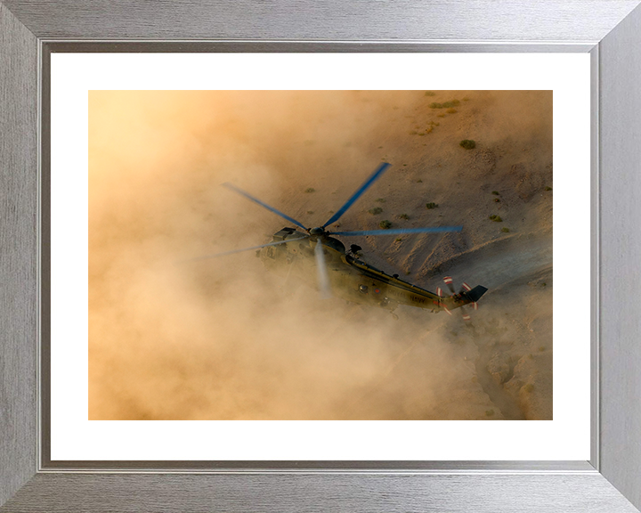 Sea King Helicopter Landing in the Desert 2013 Photo Print - Royal Navy Aircraft Posters, Prints, & Visual Artwork Hampshire Prints 10 x 8 Silver Frame Yes