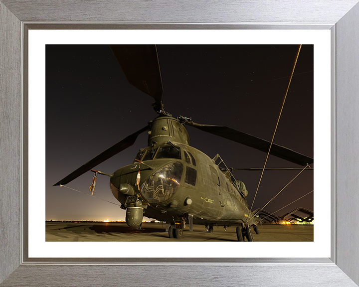 RAF Chinook Helicopter on Runway at night Photo Print - Royal Air Force Aircraft Hampshire Prints 10 x 8 Silver Frame Yes