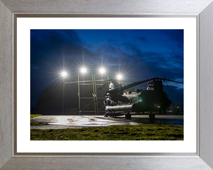 RAF Chinook Helicopter Outside a Hanger at Night Photo Print Royal Air Force Aircraft Wall Art Aviation Decor Posters, Prints, & Visual Artwork Hampshire Prints 10 x 8 Silver Frame Yes