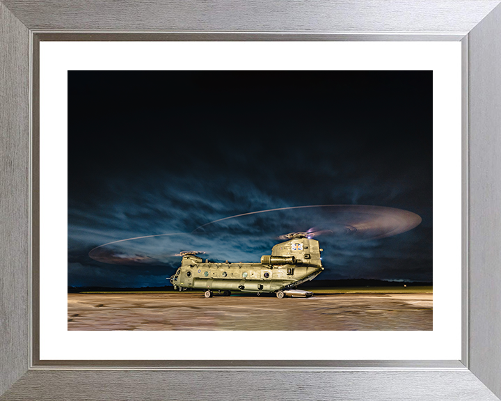 RAF Chinook Helicopter Night Takeoff Photo Print - Royal Air Force Aircraft Hampshire Prints 10 x 8 Silver Frame Yes